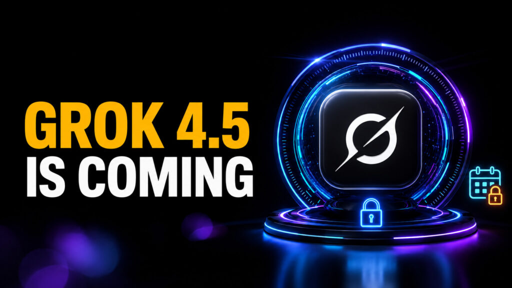 Grok 4.5 Release Date thumbnail with a glowing Grok-style model core, launch countdown ring, private beta lock cue, and bold headline about the unreleased Grok 4.5 model.