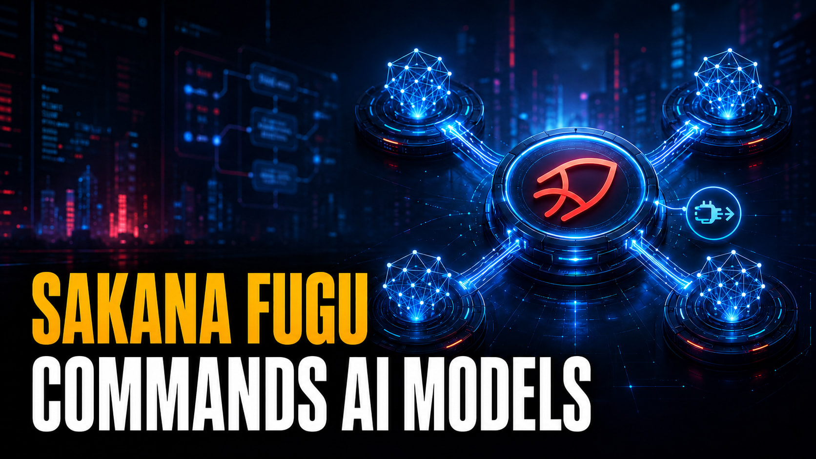 Thumbnail with the headline “SAKANA FUGU COMMANDS AI MODELS” in bold amber and white text beside a glowing central AI orchestrator core connected to smaller model nodes on a dark Tokyo-tech blue and red background.