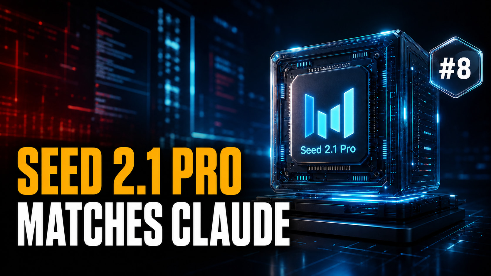 Fello AI thumbnail with the headline “SEED 2.1 PRO MATCHES CLAUDE” in bold amber and white text beside a glowing Seed 2.1 Pro AI chip and a #8 benchmark badge on a dark red, cyan, and blue cinematic tech background.