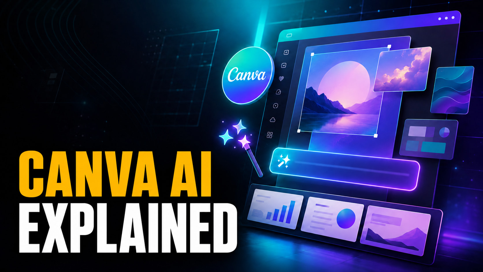 Fello AI thumbnail with the headline “CANVA AI EXPLAINED” in bold amber and white text beside a Canva-inspired editable design workspace, glowing Canva-style logo, and magic wand on a dark teal, cyan, and purple cinematic background.