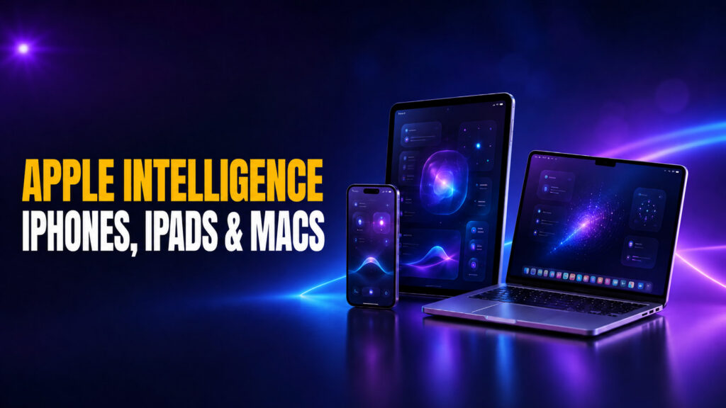 Apple Intelligence iPhones, iPads & Macs thumbnail featuring bold yellow and white text beside a glowing iPhone, iPad, and MacBook on a dark blue and purple neon background.