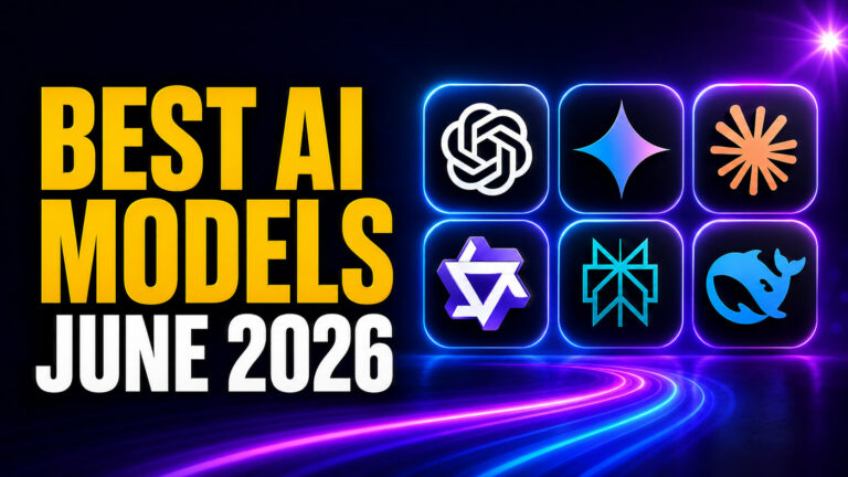 Thumbnail for “Best AI Models June 2026” featuring bold yellow and white headline text beside a glowing grid of six leading AI model logos, including ChatGPT, Gemini, Claude, Qwen, Perplexity, and DeepSeek, on a neon blue and purple background.