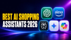 Best AI Shopping Assistants 2026 thumbnail featuring bold yellow and white headline text beside glowing icons for ChatGPT, Amazon Alexa, Perplexity, Google Gemini, and Microsoft Copilot on a dark blue and purple neon background.
