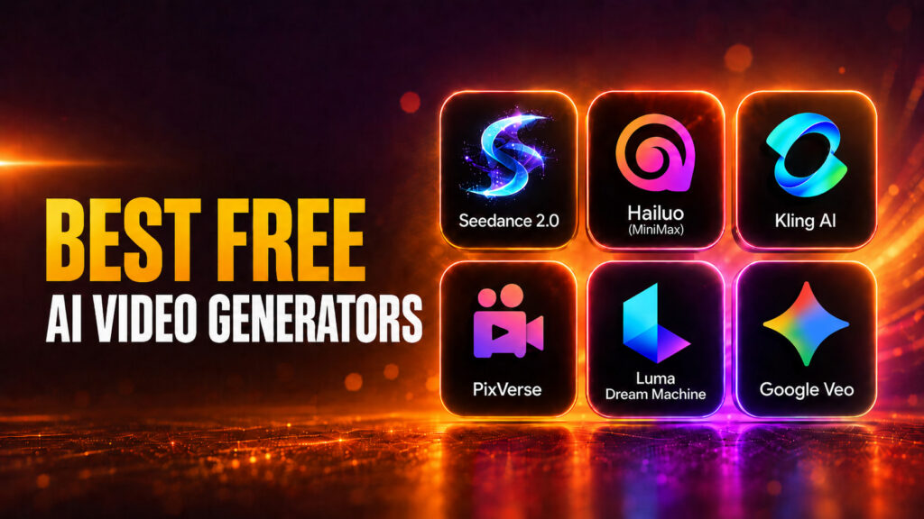 Fello AI thumbnail with the headline “BEST FREE AI VIDEO GENERATORS” in bold amber and white text beside a 2x3 grid of AI video tools, including Seedance 2.0, Hailuo, Kling AI, PixVerse, Luma Dream Machine, and Google Veo with the Gemini-style logo, on a cinematic orange neon background.