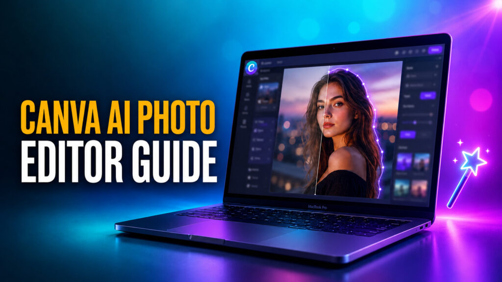 Canva AI Photo Editor Guide thumbnail with a MacBook showing a Canva-style AI photo editing interface, portrait selection glow, and magic wand on a bright Canva-inspired cyan, teal, violet, and magenta background.