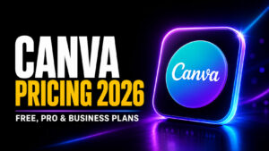 Canva Pricing 2026 thumbnail with bold white and amber headline, subtitle “Free, Pro & Business Plans,” and a glowing Canva logo tile on a black neon background.