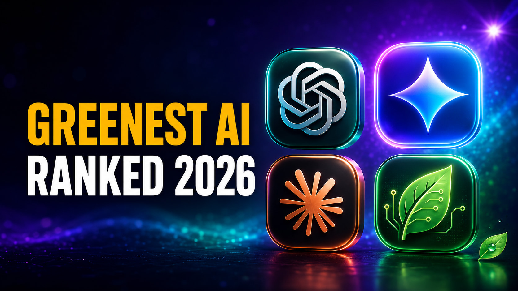Greenest AI Ranked 2026 thumbnail featuring bold yellow and white headline text beside glowing icons for ChatGPT, Google Gemini, Claude, and an eco-friendly AI leaf on a dark blue, purple, and green neon background.