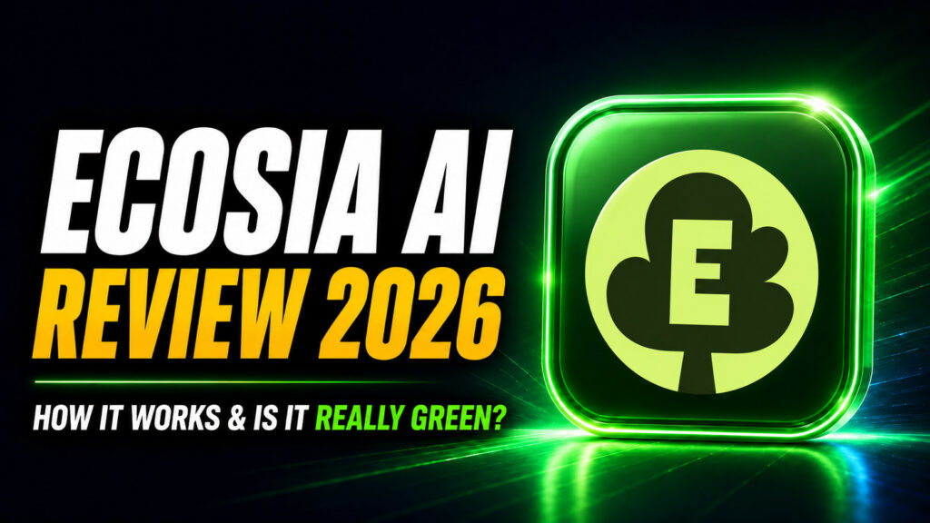 Ecosia AI Review 2026 thumbnail featuring bold white and yellow headline text reading “Ecosia AI Review 2026,” alongside the official Ecosia tree logo in a glowing green app icon and the question “How It Works & Is It Really Green?”