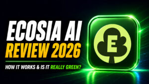 Ecosia AI Review 2026 thumbnail featuring bold white and yellow headline text reading “Ecosia AI Review 2026,” alongside the official Ecosia tree logo in a glowing green app icon and the question “How It Works & Is It Really Green?”