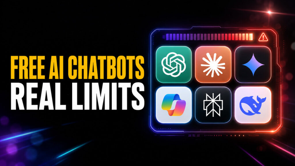 Free AI Chatbots Real Limits thumbnail with a tidy grid of chatbot logos, a glowing message-limit meter, and warning accents showing that free AI chatbot tiers come with usage caps.