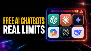 Free AI Chatbots Real Limits thumbnail with a tidy grid of chatbot logos, a glowing message-limit meter, and warning accents showing that free AI chatbot tiers come with usage caps.