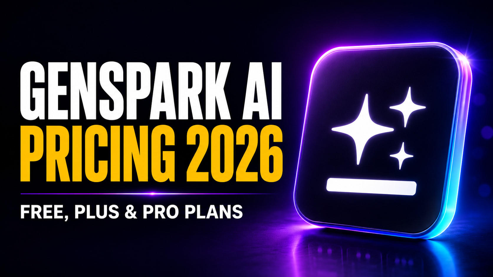 Genspark AI Pricing 2026 thumbnail featuring bold white and yellow text with the headline “GENSPARK AI PRICING 2026” and subheading “FREE, PLUS & PRO PLANS,” alongside a glowing futuristic Genspark-style app icon showing multiple pricing tiers.