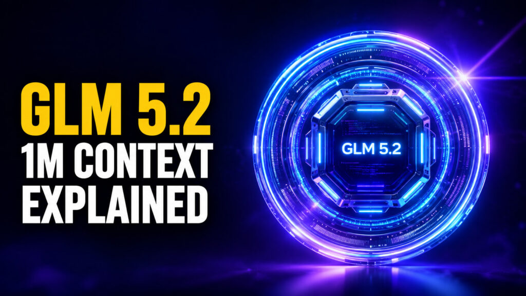 GLM 5.2 1M Context Explained thumbnail featuring a glowing futuristic AI core with concentric neon rings and a central GLM 5.2 label against a dark blue and purple background.
