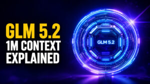 GLM 5.2 1M Context Explained thumbnail featuring a glowing futuristic AI core with concentric neon rings and a central GLM 5.2 label against a dark blue and purple background.