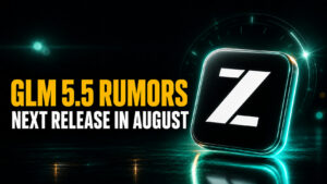 Fello AI thumbnail with the headline “GLM 5.5 RUMORS NEXT RELEASE IN AUGUST” beside a glossy rounded-square Z.ai logo tile, set on a dark teal and emerald launch-rumor background with subtle countdown-style glow.