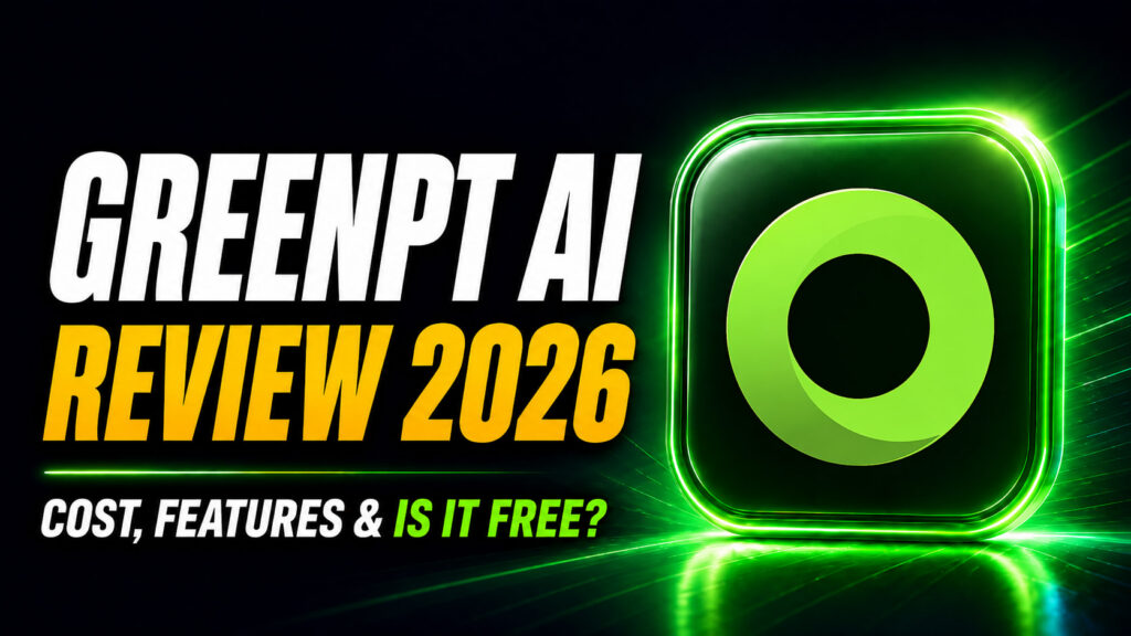 GreenPT AI Review 2026 thumbnail featuring bold white and yellow headline text, the question “Cost, Features & Is It Free?”, and the official glowing green GreenPT logo on a dark neon background.