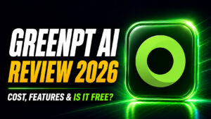 GreenPT AI Review 2026 thumbnail featuring bold white and yellow headline text, the question “Cost, Features & Is It Free?”, and the official glowing green GreenPT logo on a dark neon background.