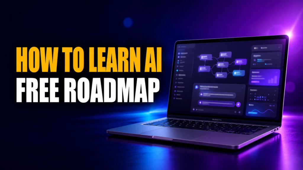 How to Learn AI Free Roadmap thumbnail featuring bold yellow and white text beside a glowing laptop displaying an abstract AI learning workspace on a dark purple and blue background.
