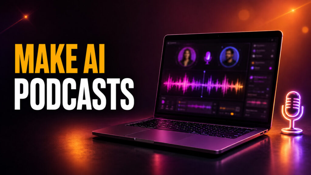 Make AI Podcasts thumbnail with bold amber and white headline beside a MacBook showing an abstract AI podcast creation interface, waveform, synthetic hosts, and a glowing microphone on a warm orange-purple studio background.