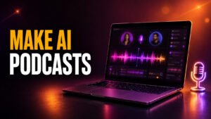 Make AI Podcasts thumbnail with bold amber and white headline beside a MacBook showing an abstract AI podcast creation interface, waveform, synthetic hosts, and a glowing microphone on a warm orange-purple studio background.