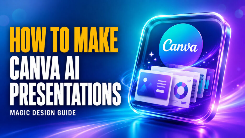 How to Make Canva AI Presentations thumbnail with bold “How to Make Canva AI Presentations” text, a Magic Design Guide subtitle, and a glowing Canva tile showing layered presentation slides on a bright teal and purple Canva-style background.
