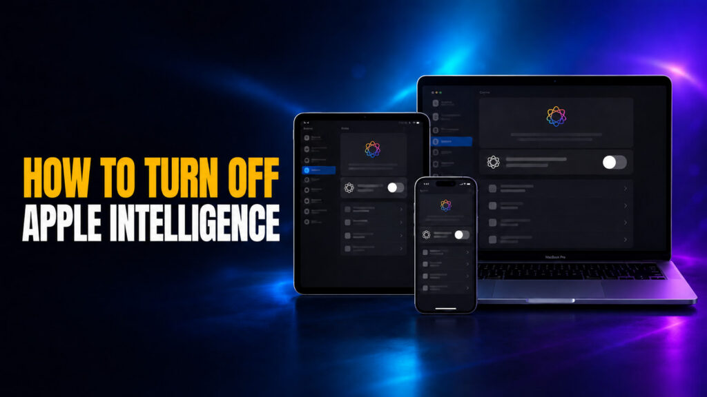 **Alt text:** How to Turn Off Apple Intelligence thumbnail featuring an iPhone, iPad, and MacBook Pro displaying dark-mode Apple Intelligence settings with the toggle switched off against a blue and purple neon background.
