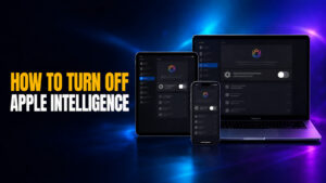 **Alt text:** How to Turn Off Apple Intelligence thumbnail featuring an iPhone, iPad, and MacBook Pro displaying dark-mode Apple Intelligence settings with the toggle switched off against a blue and purple neon background.