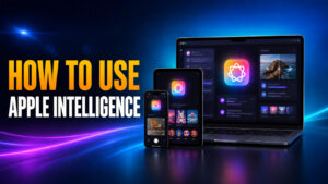 How to Use Apple Intelligence thumbnail featuring an iPhone, iPad, and MacBook displaying Writing Tools, image generation, photo editing, and Visual Intelligence features against a blue and purple neon background.