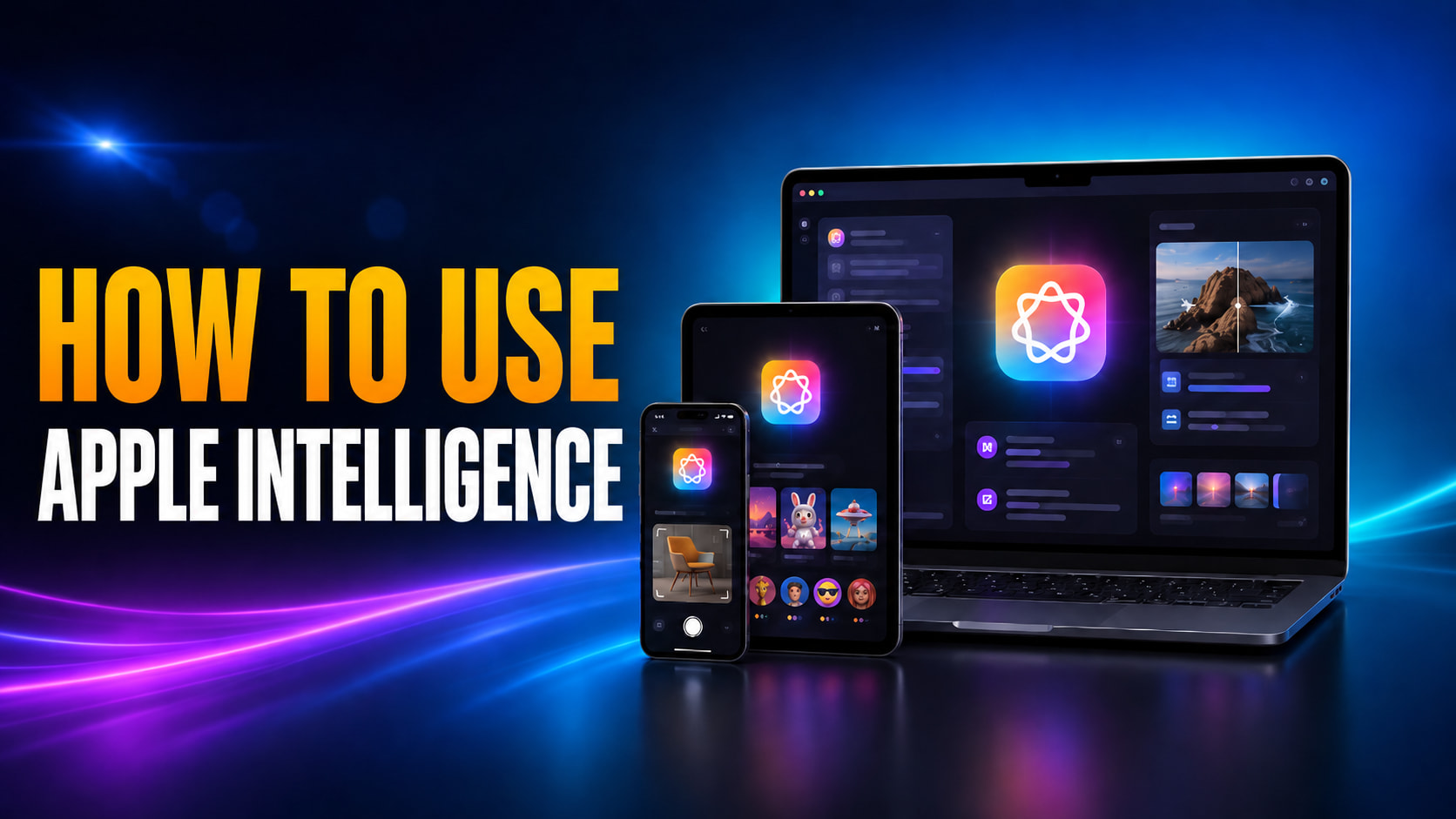 How to Use Apple Intelligence thumbnail featuring an iPhone, iPad, and MacBook displaying Writing Tools, image generation, photo editing, and Visual Intelligence features against a blue and purple neon background.