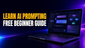 Learn AI Prompting Free Beginner Guide thumbnail featuring bold yellow and white text beside a glowing MacBook showing an abstract prompting workflow interface on a dark blue and purple neon background.