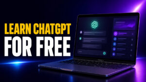 Learn ChatGPT for Free thumbnail featuring a MacBook Pro with the ChatGPT logo, a dark chat interface, and a beginner course dashboard against a cinematic blue and purple neon background.