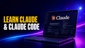 **Alt text:** Learn Claude & Claude Code thumbnail featuring a glowing MacBook Pro with the Claude logo, chat interface, and coding workspace against a cinematic blue and purple neon background.