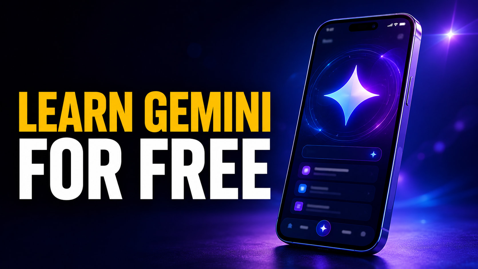 Learn Gemini for Free thumbnail featuring a modern smartphone displaying the glowing Google Gemini logo and an abstract dark-mode app interface against a blue and purple neon background.