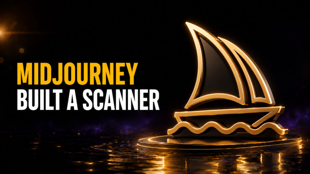 Fello AI thumbnail with the headline “MIDJOURNEY BUILT A SCANNER” in bold amber and white text beside a large glowing Midjourney sailboat logo on a dark black, gold, and purple cinematic background.