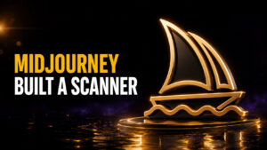 Fello AI thumbnail with the headline “MIDJOURNEY BUILT A SCANNER” in bold amber and white text beside a large glowing Midjourney sailboat logo on a dark black, gold, and purple cinematic background.