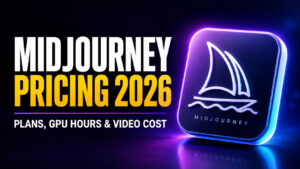Midjourney Pricing 2026 thumbnail with bold white and yellow headline text reading “Midjourney Pricing 2026” and “Plans, GPU Hours & Video Cost,” alongside a glowing 3D Midjourney sailboat logo on a dark blue and purple background.