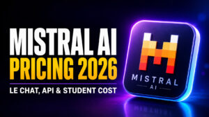Mistral AI Pricing 2026 thumbnail featuring bold white and yellow headline text alongside a glowing 3D Mistral AI logo, with details on Le Chat, API, and student costs.