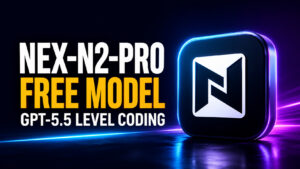 Nex-N2-Pro thumbnail featuring bold white and yellow text reading “Nex-N2-Pro Free Model” and “GPT-5.5 Level Coding,” alongside a glowing 3D Nex AGI logo on a dark blue and purple neon background.