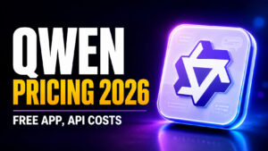Qwen Pricing 2026 thumbnail featuring bold white and yellow headline text with “Free App, API Costs,” alongside a glowing purple-and-white 3D Qwen logo on a dark blue and purple neon background.