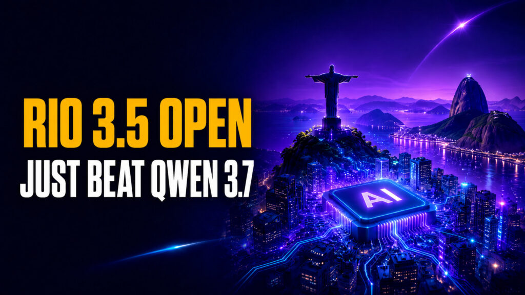 Rio 3.5 Open Just Beat Qwen 3.7 thumbnail featuring a futuristic neon Rio de Janeiro skyline, Christ the Redeemer, Sugarloaf Mountain, and a glowing AI chip integrated into the city.