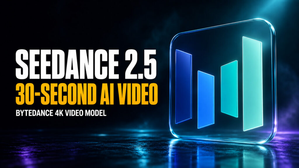 Seedance 2.5 30-Second AI Video thumbnail with bold white and amber headline, ByteDance 4K video model subtitle, and a cinematic glass Seedance logo made of four blue-to-teal panels.