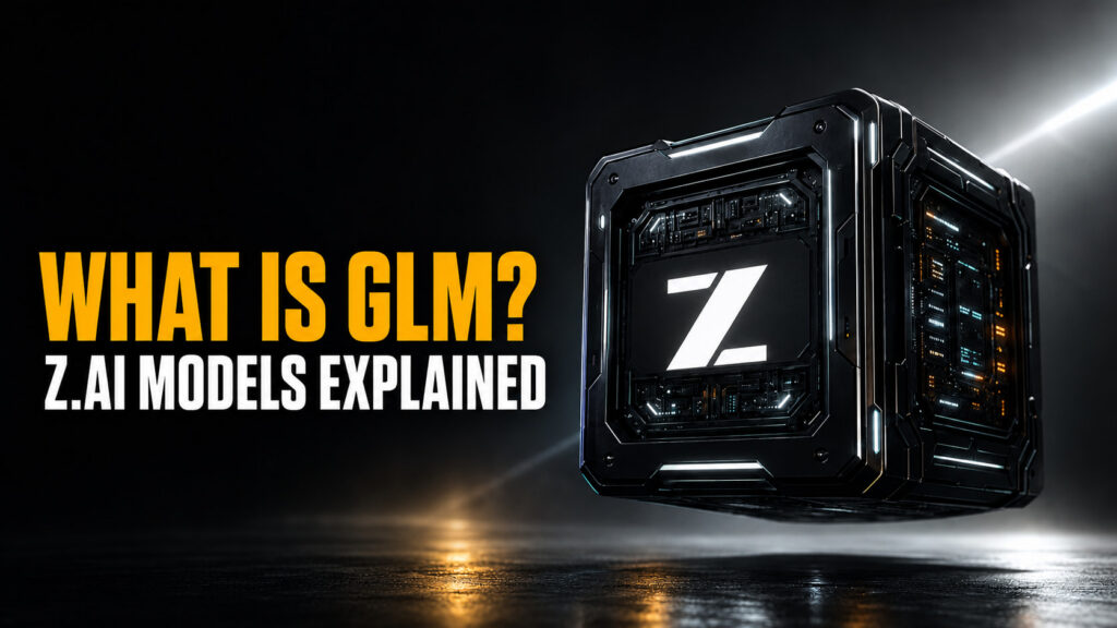 Fello AI thumbnail with the headline “WHAT IS GLM? Z.AI MODELS EXPLAINED” beside a futuristic black AI processor cube featuring the white Z.ai logo, set on a dark charcoal background with silver and amber cinematic lighting.