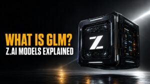 Fello AI thumbnail with the headline “WHAT IS GLM? Z.AI MODELS EXPLAINED” beside a futuristic black AI processor cube featuring the white Z.ai logo, set on a dark charcoal background with silver and amber cinematic lighting.