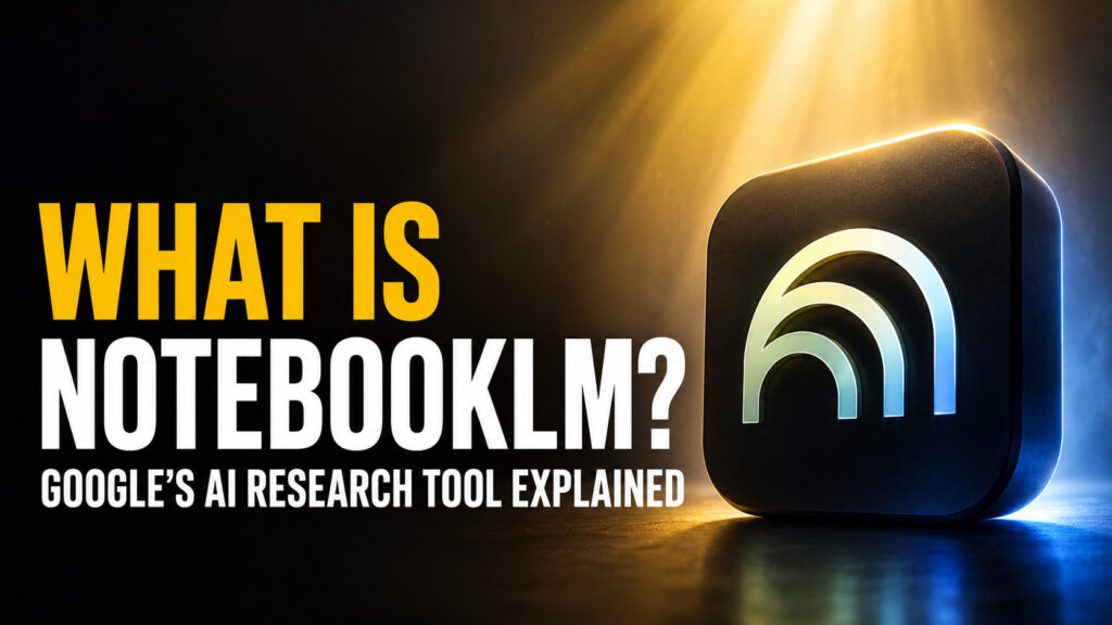 FelloAI thumbnail with the headline “What Is NotebookLM?” beside a glowing NotebookLM-style icon on a cinematic black, gold, and blue background.