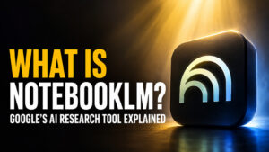 FelloAI thumbnail with the headline “What Is NotebookLM?” beside a glowing NotebookLM-style icon on a cinematic black, gold, and blue background.