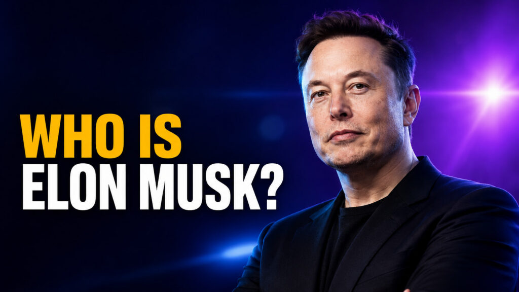 Fello AI thumbnail with the headline “WHO IS ELON MUSK?” in bold amber and white text beside a stylized tech CEO portrait on a cinematic blue and purple background.