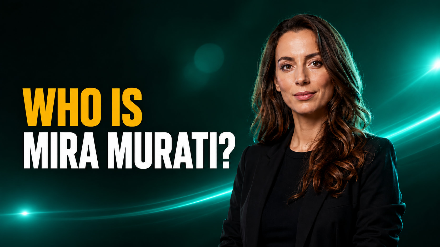 Fello AI thumbnail with the headline “WHO IS MIRA MURATI?” in bold amber and white text beside a stylized portrait of Mira Murati, former OpenAI CTO and founder of Thinking Machines Lab, on a dark teal cinematic tech background.