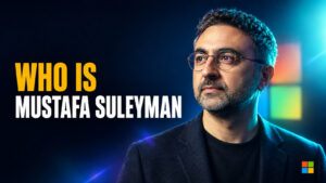 Who Is Mustafa Suleyman thumbnail with a stylized portrait of the Microsoft AI CEO and DeepMind co-founder, set against a cinematic blue-teal background with a subtle Microsoft-style color accent.