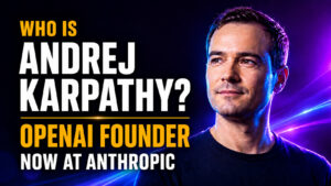 Who Is Andrej Karpathy? OpenAI Founder Now at Anthropic thumbnail featuring a neon-lit portrait of Andrej Karpathy against a dark blue and purple technology background.