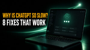 Fello AI thumbnail with the headline “WHY IS CHATGPT SO SLOW? 8 FIXES THAT WORK” beside a glowing MacBook Pro showing a blurred ChatGPT-style loading screen, set against a dark green and teal tech background.
